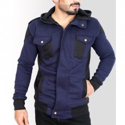 Navy Black Contrast Flap Pocket Style Fleece Hoodie